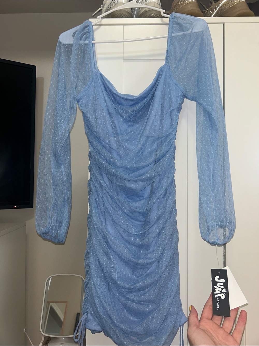 Jump Light Blue Ruched Long Sleeve Mini Dress